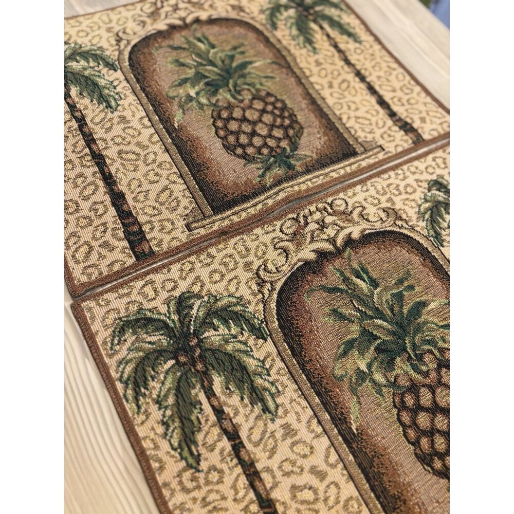 Set Of 2 Vintage Tapestry Placemats Pineapple Palm Tree Coconut Quality Boho 70s